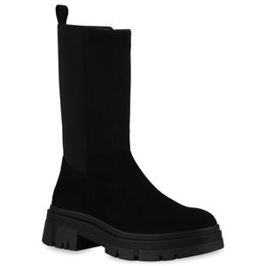 VAN HILL Damen Stiefel Plateaustiefel Blockabsatz Boots Profil-Sohle Schuhe 838403, Farbe: Schwarz, Größe: 40