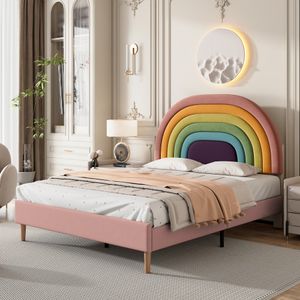 Fortuna-Lai Polsterbett 140x200cm Samt mit Regenbogen-Kopfteil und Lattenrost Doppelbett Kinderbett für Damen Kinder Jugend