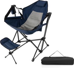KOMFOTTEU Campingstuhl mit Fußstütze & Verstellbarer Rückenlehne, Klappstuhl mit Kopfstütze & Getränkehalter, Angelstuhl Picknickstuhl mit Tragetasche, für Strand, Picknick (Blau)