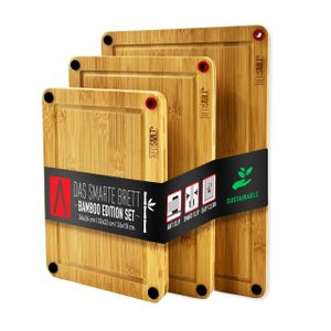 Titel: REDSALT® innovatives Bambus Schneidebrett 3er Set rutschfest | e Premium Holz-Bretter | 38x26 32x22 26x18cm beidseitig verwendbar antibakteriell mit Saftrille | Küchenbrett Kochen