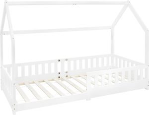 ML-Design detská posteľ 90x200 cm s ochranou proti vypadnutiu, strechou a lamelovým roštom, biela, posteľ z masívneho borovicového dreva ML-Design detská posteľ 90x200 cm s ochranou proti vypadnutiu, strechou a lamelovým roštom, biela, posteľ z masívneho borovicového dreva
