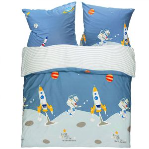 Kinderbettwäsche 135x200 Bettwäsche für Kinder Jungen mit Astronaut und Rakete Muster 100% Baumwolle 80x80cm Kissenbezug mit Reißverschluss 2 teilig Blau