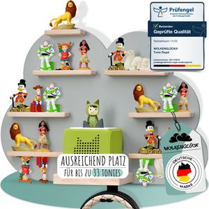 WOLKENGLÜCK® Tonie Regal (Wolke) zur Aufbewahrung der Tonie Box und bis zu 33 Tonies Hörfiguren - Magnetisches Toniebox Regal aus Holz für Mädchen & Jungen inkl. Kopfhörer-Halterung Wolke grau