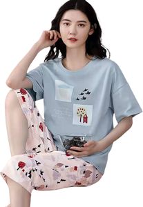 2 Teile/satz O-ausschnitt Kurzarm Mid-Rise Elastischer Bund Pyjama Set Mädchen Sommer Cartoon Print T-shirt Crop Hosen Set Homewear