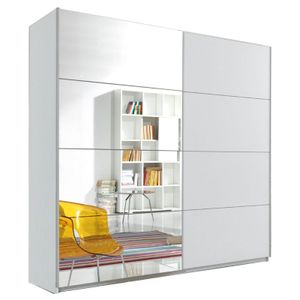 Furniture24 Schwebetürenschrank Berta 57, Schrank, Kleiderschrank, 2 Türiger Schlafzimmerschrank mit Spiegel, Kleiderstange und 6 Einlegeboden Weiß, , 200 cm breit