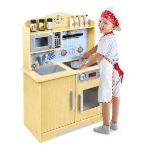 XMTECH Detská hracia kuchynka drevená hracia kuchynka s príslušenstvom, detská hra pre deti, kuchynka drevená hračkárska kuchynka s drezom mikrovlnná rúra, vrátane kuchynského riadu
