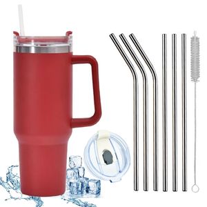 1200 ML Isolierbecher Edelstahl mit Griff 40 OZ Doppelwandiger Kühlbecher Reisebecher Autobecher mit Strohhalm und Auslaufsicher Becherdeckel, rot, 9 Stück, 40 OZ