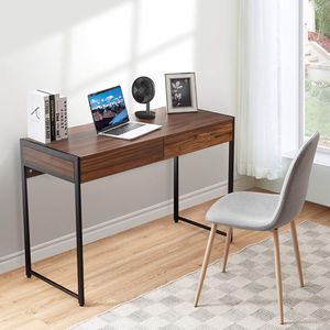 COSTWAY Schreibtisch mit 2 Schubladen, Computertisch 100kg belastbar, Bürotisch PC Tisch Arbeitstisch Officetisch 112x48x76cm, Dunkelbraun