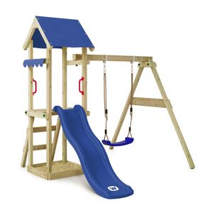 WICKEY hrací věž s prolézačkou TinyWave s houpačkou a skluzavkou, lezeckou věží s pískovištěm, žebříkem a hracími doplňky - modrá barva