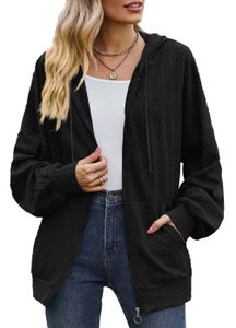 ASKSA Damen Kapuzenjacke Sweatshirt mit Reissverschlus Einfarbig Zip Hoodie Oversize Sweatjacke, Schwarz, XL