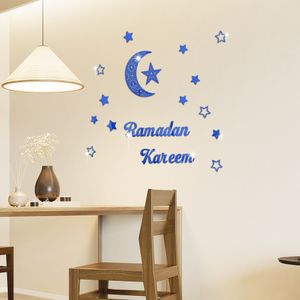 3D Ramadan Kareem Aufkleber Dekorationen Wand Eid Mubarak Eid Al Adha Mond und Stern Aufkleber Islamische Spiegeldekoration (Silber)