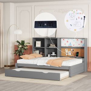 Merax denná posteľ 90x200cm/90x190cm rozkladacia posteľ s nabíjaním USB a úložnými priestormi, rozkladacia pohovka Drevená posteľ s lamelovým roštom a kreslom, sivá