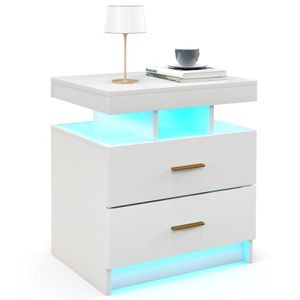 COSTWAY Nachttisch mit LED-Beleuchtung & 2 Schubladen, Beistelltisch mit einstellbaren Farben, Nachtschrank Nachtkommode, 50x40x58cm Weiß