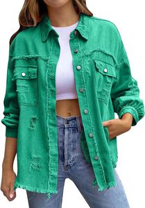 ASKSA Dámská džínová bunda roztrhaná Vintage džínové bundy Casual Boyfriend džínové bundy, zelená, S
