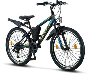 Licorne Bike Guide Premium Mountainbike in 20, 24 und 26 Zoll - Fahrrad für Mädchen, Jungen, Herren und Damen - Shimano 21 Gang-Schaltung, Kinderfahrrad, Kinder, Farbe:Schwarz/Blau/Lime, Zoll:24