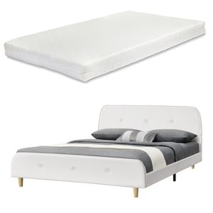 Polsterbett Silkeborg mit Matratze 140x200cm Doppelbett Ehebett Bett mit Lattenrost Kunstleder Weiß