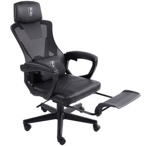 Gaming Stuhl im modernen Racing-Design mit einklappbarer Fußstütze - Gaming Chair mit flexiblen Armlehnen - ergonomischer Gaming Schreibtischstuhl mit extra Stützkissen  , Farbe:Schwarz