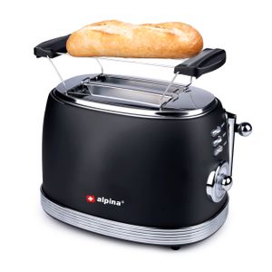 alpina Toaster - Retro - 6 Stufen - Brötchenaufsatz - 2 Schauben - Aufwärmen und Auftauen - Schwarz