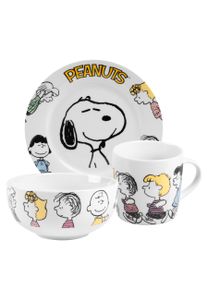 The Peanuts Frühstücksset Snoopy - Family - Geschirr Set 3-teilig Teller, Schale & Tasse aus Porzellan Weiß