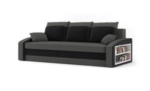 Couch HEWLET 220x90 mit REGAL RECHTS und Schlaffunktion - Schlafcouch mit Bettkasten - STOFF HAITI 14 + HAITI 17 Grau&Schwarz