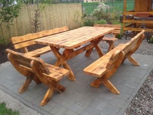 Gartenmöbel AR-OJ Holzgartenmöbel, Holzsitzgruppe, Tisch +2 Bänke + 2 kleine Bänke. Farbe geflammt