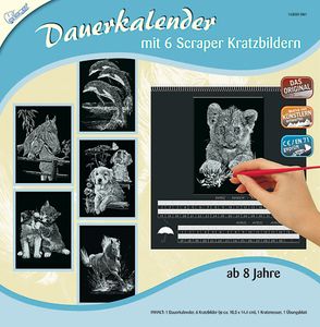Kratzbilder "Dauerkalender Tiere", Silber, 6 Motive, 10,5 x 14,5