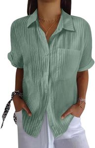 Musselin Bluse Damen Lässiges Kurzarm Hemdbluse Sommer V-Ausschnitt Button-Down Baumwolle Solide Blusenshirt Basic Revers Shirts mit Tasche