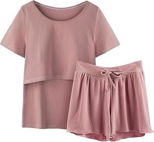 Sommer Umstands-Pyjama Set–Kurzarm Stilltop und Kurze Hose,Schwangerschaft Nachtwäsche,Schwangerschaft Krankenhaus Nachtwäsche, Rote Bohnen, XL