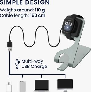 kwmobile USB Ladegerät kompatibel mit Fitbit Versa 4 / Sense 2 / Versa 3 / Sense - USB Kabel Charger Stand - Smart Watch Ladestation - Ladekabel mit