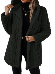 Damen Langarm Mantel Fuzzy Fleece Jacke Warme Strickjacke Lässiger Wintermantel Schwarz,Größe 2XL
