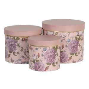 Clayre & Eef Hutschachtel 3er Set Ø 20x17 / Ø 17x15 / Ø 14x13 cm Rosa Karton Rund Blumen