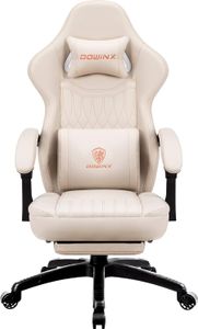 Fotel gamingowy z poduszką sprężynową, fotel wyścigowy z masażem i podparciem lędźwiowym, ergonomiczny fotel gamingowy z podnóżkiem, fotel biurowy ze skóry PU, biały