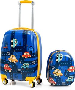 GOPLUS 18" Kinderkoffer + 12" Rucksack, Kids Trolley mit Teleskopgriff, Hartschalenkoffer mit Rollen, für Kinder ab 3 Jahren, Farbwahl (Cartoon-Auto)