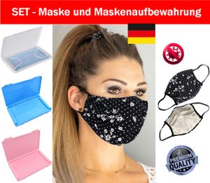 GKA Gesichtsschutz Maske schwarz Blumen und Aufbewahrungsbox für Masken Maske mit Nanosilber Damen