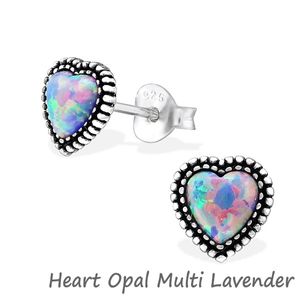 Opal Ohrringe: Silber Ohrstecker mit Opal Imitat Heart Opal Multi Lavender