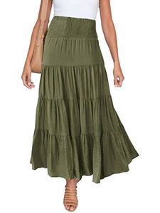 Damen hohe Taille Midi Rock Sommer Rüschenröcke lässig Swing,Farbe:Armeegrün,Größe:M
