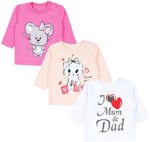TupTam Uni Baby Langarmshirt mit Spruch Aufdruck 3er Set, Farbe: I love Dad Mum Weiß Katze Aprikose Maus Pink, Größe: 80