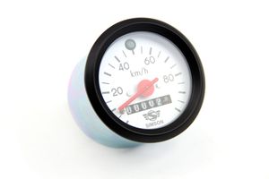 Tachometer mit Beleuchtung und Blinkkontrollleuchte grün - Durchmesser 60mm - 100 km/h - roter Zeiger, weißes Ziffernblatt mit Logo, schwarzer Ring Simson