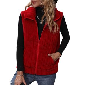 Damen Westen Ärmelloses Fleece Fuzzy Westenjacket Outwear Casual Revers Mit Taschen Herbst Rot,Größe:EU