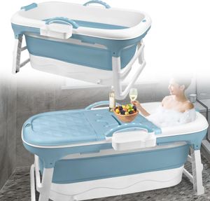 Sessamen-LP Faltbare Badewanne Erwachsene L Mobile Tragbare Badewanne Mit Abdeckung Massagerollen und Badewannenablage, BlauGrün (112x 62x 52 cm)
