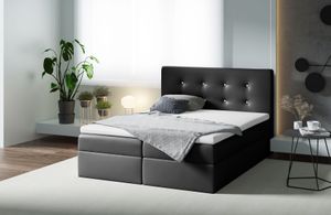 Boxspringbett MENZIE , Pocket Matraze Topper , 140 x 200 cm , ( Schwarz , Kunstleder )