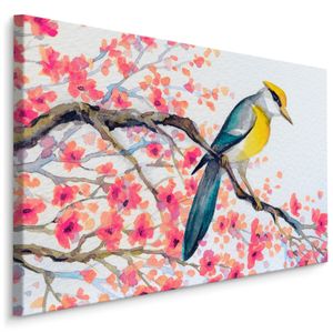 Fabelhaftes Canvas LEINWAND BILDER 90x60 cm XXL Kunstdruck Vogel Baum Blumen Aquarell