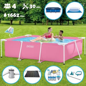 Intex-Schwimmbecken mit rechteckigem Rahmen – 220 x 150 x 60 cm – Rosa – im Lieferumfang enthalten Abdeckung - Bodenplane - Filterpumpe für Schwimmbad - Solarmatte - Wartungspaket - Reinigungskit