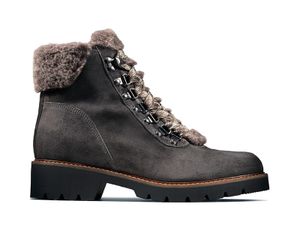 CLARKS Buty damskie Velma Hiker szara skóra ze sztucznym futrem 39,5