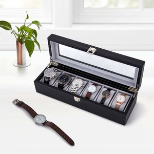Meerveil Uhrenbox, Uhrenkasten für 6 Uhren mit Glasfenster,   Silbernem Metallverschluss, 34.5 x 11 x 8.5cm, Schwarz
