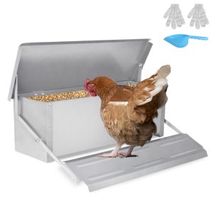 JNGLGO Futterautomat Hühner 10kg Verzinkter Stahl hühnerfütterung Futtertrog mit Automatisches Pedal und Wasserfest Deckel rattensicher hühnerfütterung für Geflügel, HüHner, Enten, GäNse
