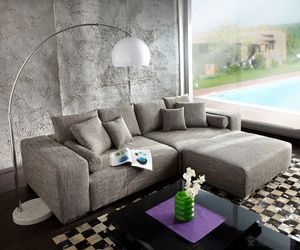 DELIFE Couch Marbeya Hellgrau 290x110 cm mit Schlaffunktion Hocker