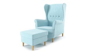 Ohrensessel Milo mit Hocker - Farben zur Auswahl -Sessel für Wohnzimmer & Esszimmer Skandinavisch - Relax Sessel aus Webstoff - FARBE: HELLBLAU