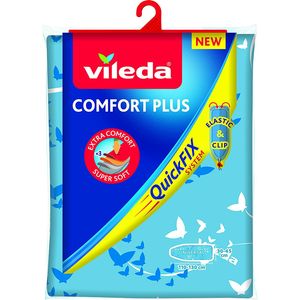 Vileda Comfort Plus Bügelbrettbezug für Dampfbügelstation, 3 Lagen, Quick-Fix-System, Bügelbretter von 30–45 cm x 110–130 cm, Blau