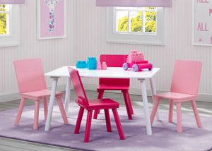 Delta Children Sitzgruppe Rechteckiger weißer Tisch + 4 rosa Holzstühle | sehr stabil , kippsicher und langlebig